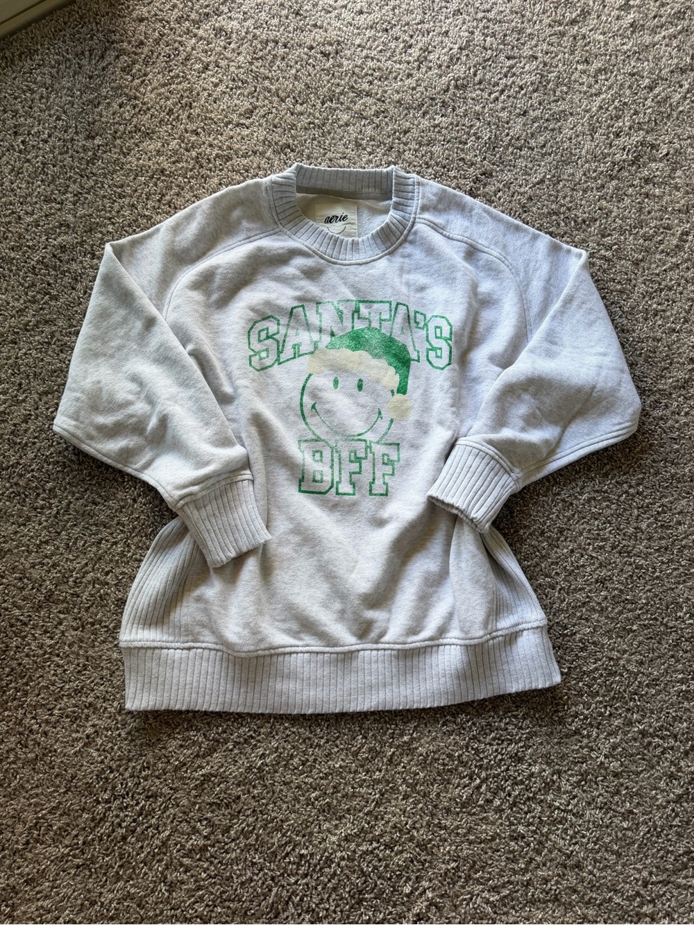 aerie Light Gray Sweatshirt with Green Holiday Graphic